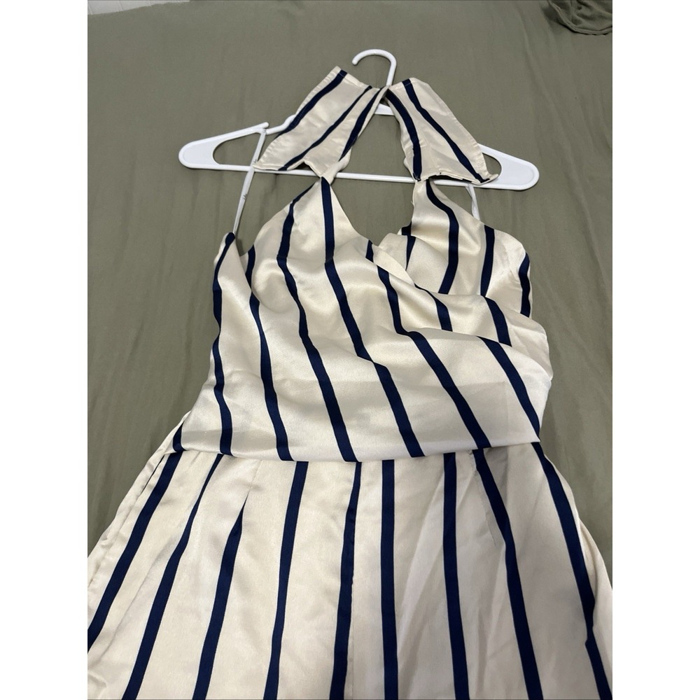 Lulus Learning to Fly  StripedHalter Sleeveless V Neck Faux Wrap Jumpsuit Size S